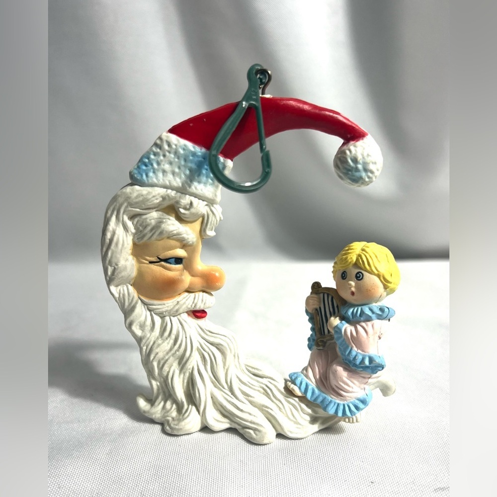 Vintage Crescent Moon Santa w/ Angel Child Playing Harp Christmas Tree Ornament